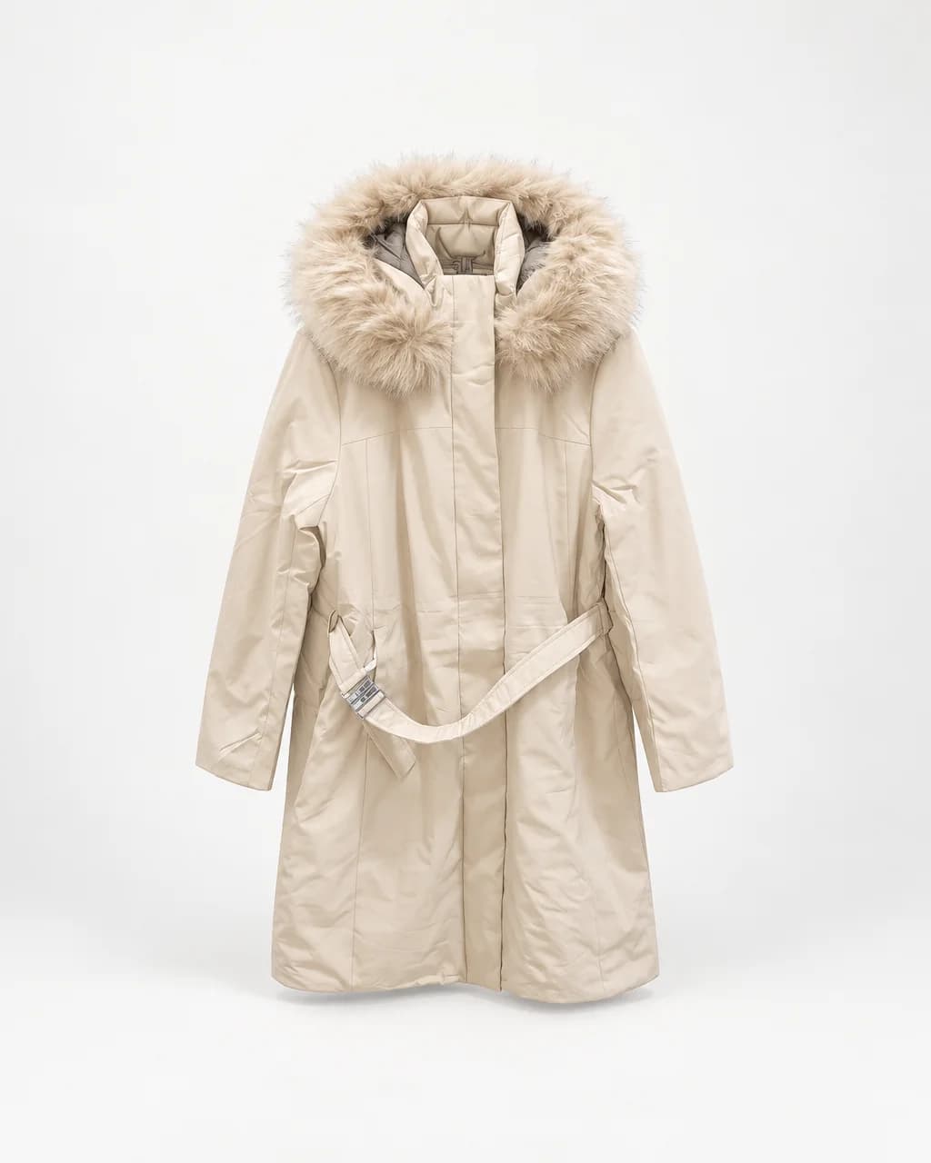 Manteau Long Ceinturé à Capuche et Fausse Fourrure