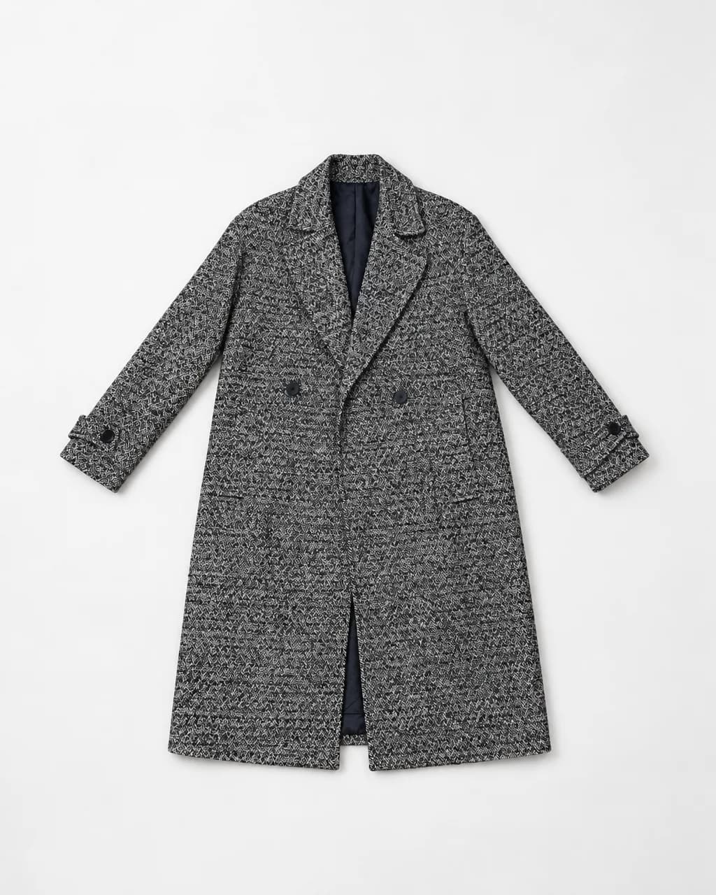 Manteau long en tweed chevron boutonnage croisé